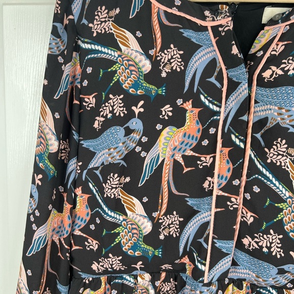 Loft Women's Size 8 Black Bird Print Long Sleeve Knee Length Dress - Picture 4 of 14